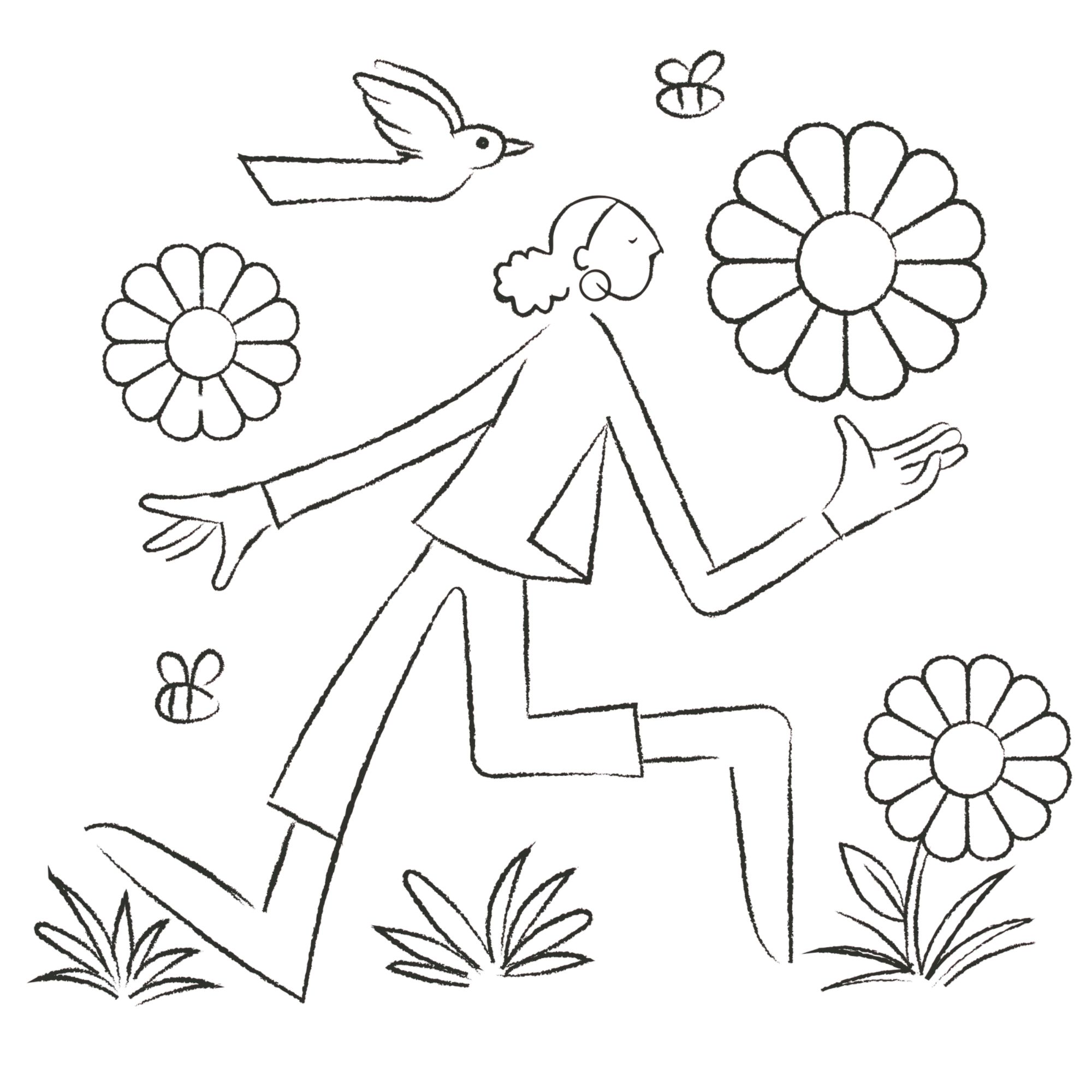 a drawing of a person running with flowers and birds
