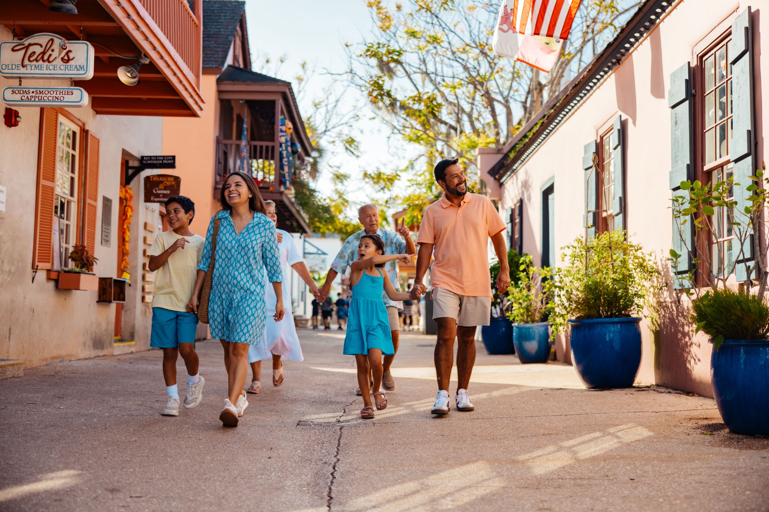 Family walking outside on sunny day